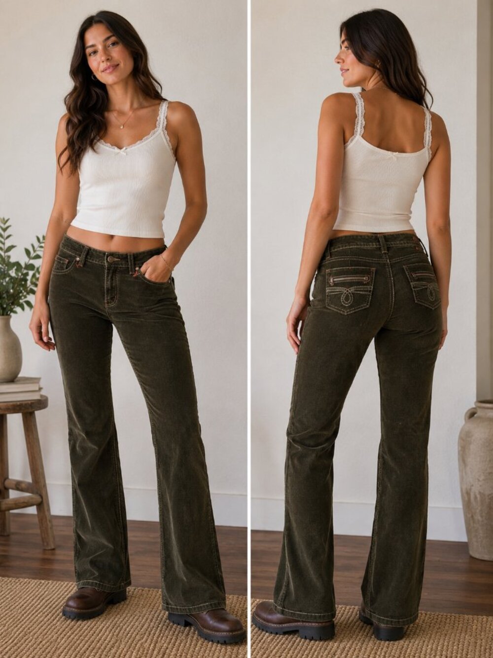 MXM Olive Green Corduroy Bootcut Pants Size 16 | Stretch Corduroy Low Rise Y2K